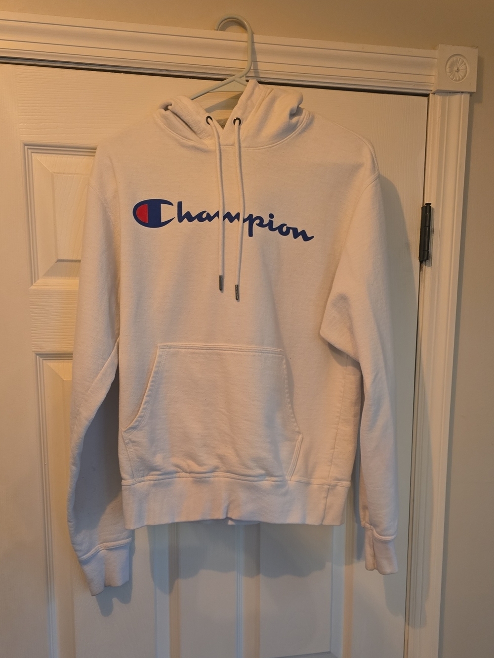 Champion White Hoodie with Blue and Red Logo